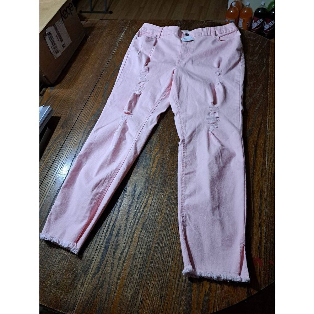 New Size 14 C Est 1946 Pink Distressed High Rise Skinny Denim Jeans with Raw Hem
